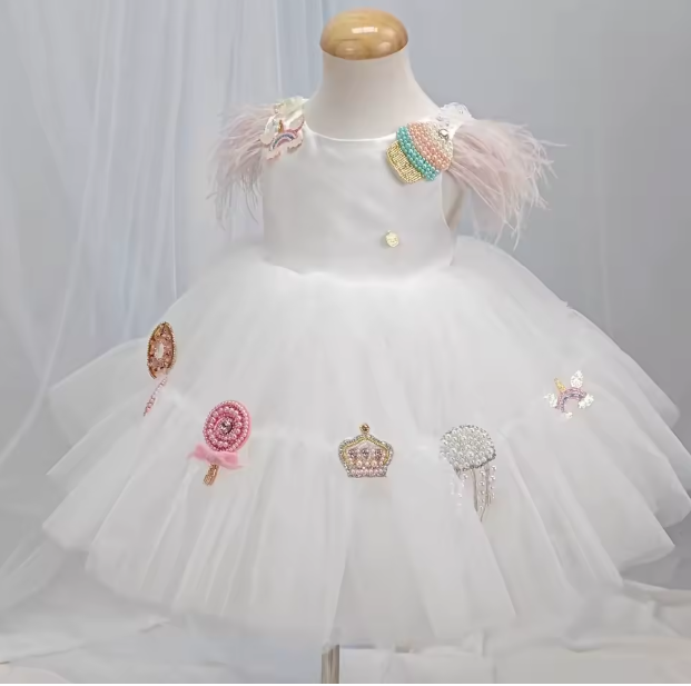 V Desi Baby & Toddler Girls’ cotton candy Dress – Handmade Beaded Appliqué Flower Girl Dress with Feather Sleeves