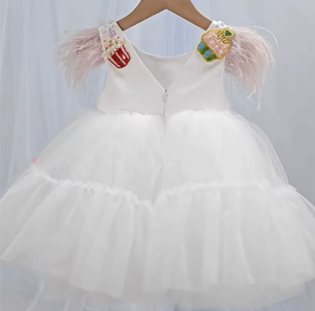 V Desi Baby & Toddler Girls’ cotton candy Dress – Handmade Beaded Appliqué Flower Girl Dress with Feather Sleeves