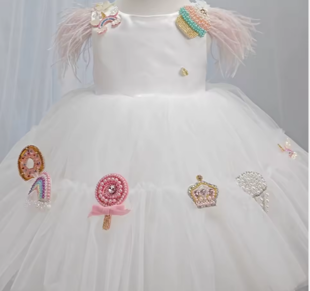 V Desi Baby & Toddler Girls’ cotton candy Dress – Handmade Beaded Appliqué Flower Girl Dress with Feather Sleeves