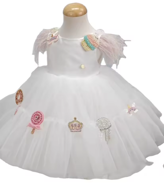 V Desi Baby & Toddler Girls’ cotton candy Dress – Handmade Beaded Appliqué Flower Girl Dress with Feather Sleeves