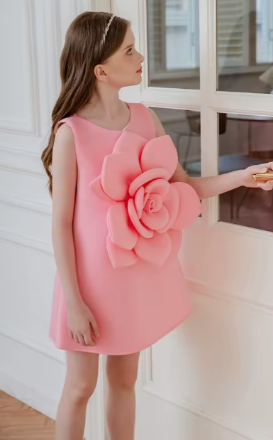 V Desi Mini Chic Big Flower Ensemble Dress | Designer Satin Birthday & Party Dress for Girls