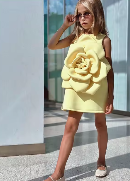 V Desi Mini Chic Big Flower Ensemble Dress | Designer Satin Birthday & Party Dress for Girls