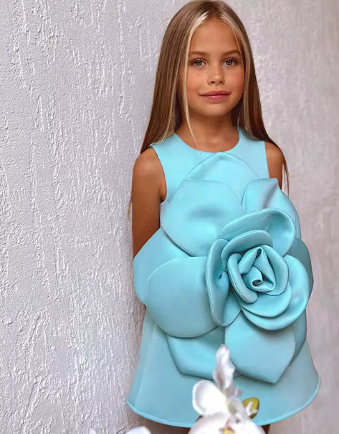 V Desi Mini Chic Big Flower Ensemble Dress | Designer Satin Birthday & Party Dress for Girls