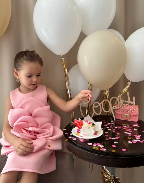 V Desi Mini Chic Big Flower Ensemble Dress | Designer Satin Birthday & Party Dress for Girls