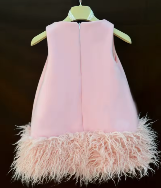 V Desi Mini Chic Pink Sheath Satin Dress with Fur Hem | Designer Girls Party Wear