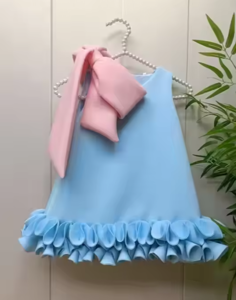 V Desi Mini Chic Sky Blue & Yellow A-Line Dress with Bow | Linen-Cotton Formal Summer Wear for Girls