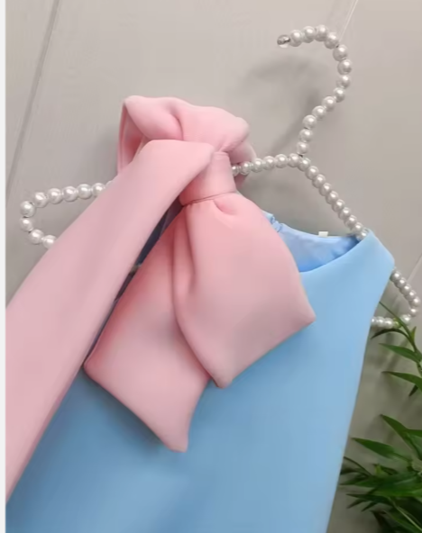 V Desi Mini Chic Sky Blue & Yellow A-Line Dress with Bow | Linen-Cotton Formal Summer Wear for Girls