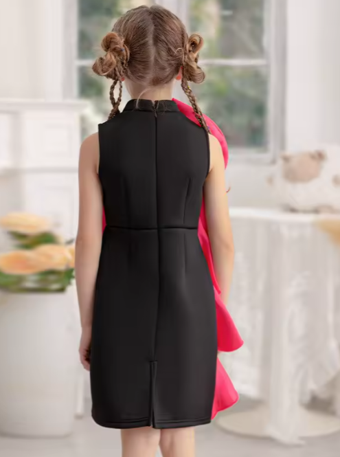 🖤 V Desi Mini Chic Black Sheath Dress – Baby & Toddler Girls Dress with Pink Shoulder Bow