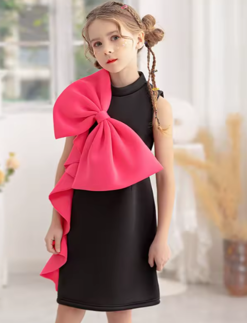 🖤 V Desi Mini Chic Black Sheath Dress – Baby & Toddler Girls Dress with Pink Shoulder Bow