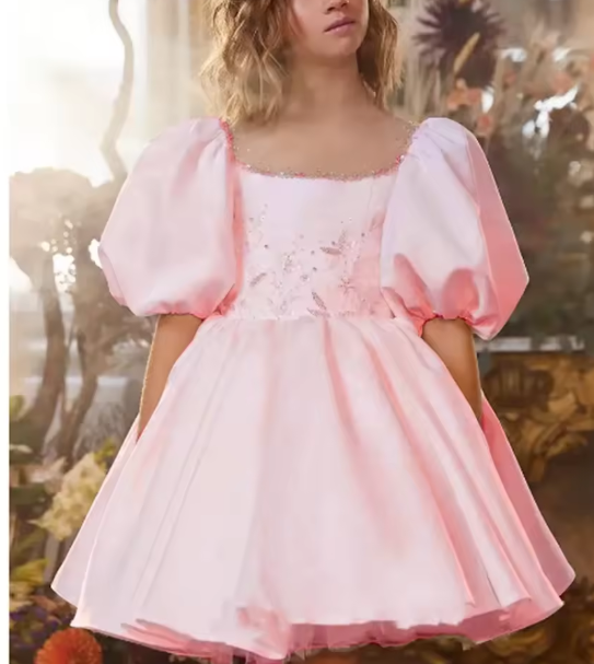 V Desi Vogue Satin & Cotton Ball Gown | Scoop Neck Knee-Length Dress with Pearls, Lace & Appliqué Detailing
