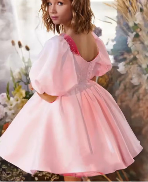 V Desi Vogue Satin & Cotton Ball Gown | Scoop Neck Knee-Length Dress with Pearls, Lace & Appliqué Detailing