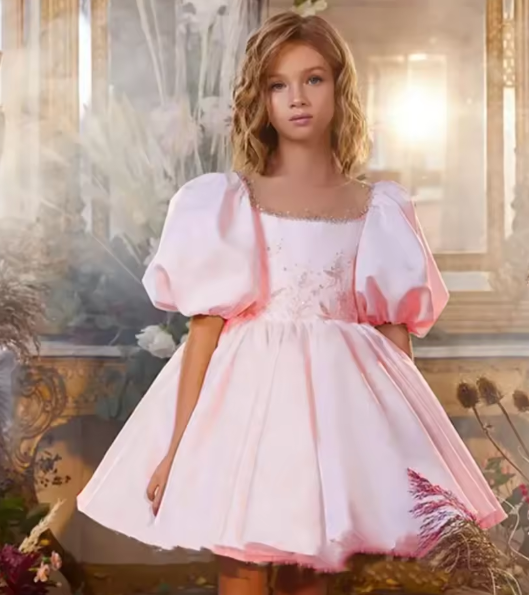 V Desi Vogue Satin & Cotton Ball Gown | Scoop Neck Knee-Length Dress with Pearls, Lace & Appliqué Detailing
