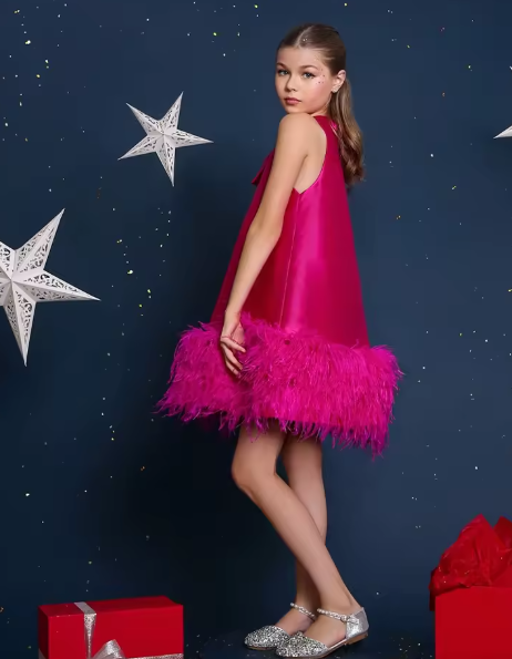 V Desi Vogue Silk Dress with Fur Hem & Shoulder Bow | Sleeveless High-Neck Knee-Length Girls Party Dress