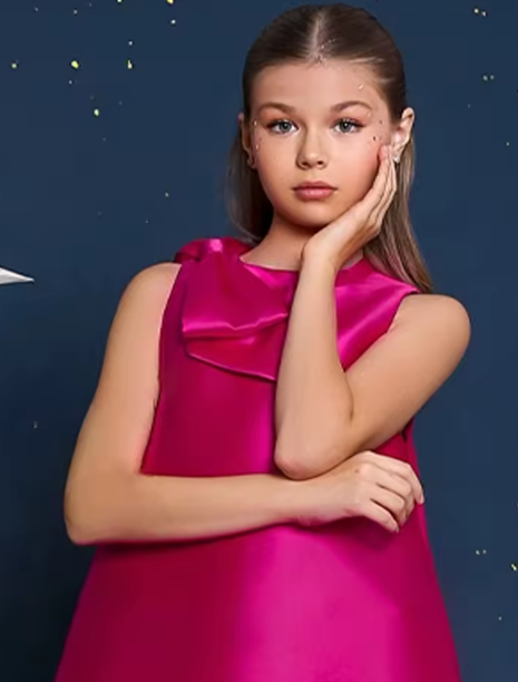 V Desi Vogue Silk Dress with Fur Hem & Shoulder Bow | Sleeveless High-Neck Knee-Length Girls Party Dress