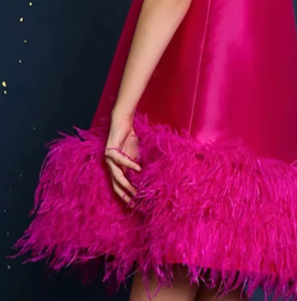 V Desi Vogue Silk Dress with Fur Hem & Shoulder Bow | Sleeveless High-Neck Knee-Length Girls Party Dress