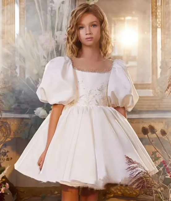 V Desi Vogue Satin & Cotton Ball Gown | Scoop Neck Knee-Length Dress with Pearls, Lace & Appliqué Detailing
