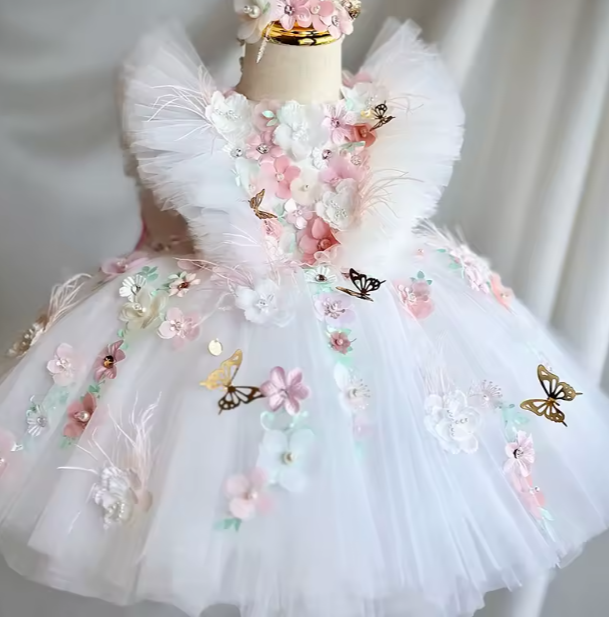 Delicate children's dress with floral and butterfly details on a mannequin against a neutral background.