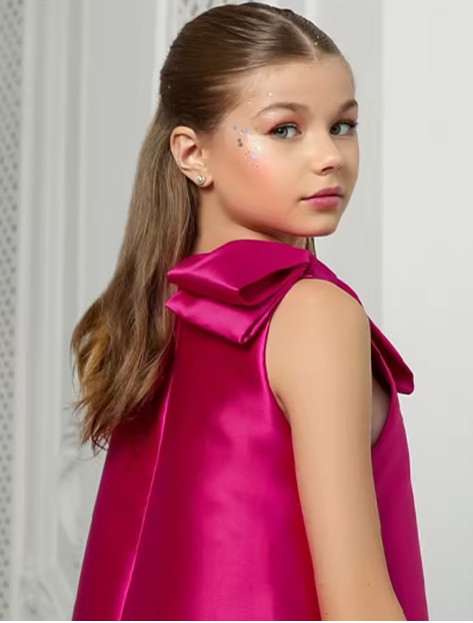 Young girl wearing a bright pink dress with a large bow on a white background