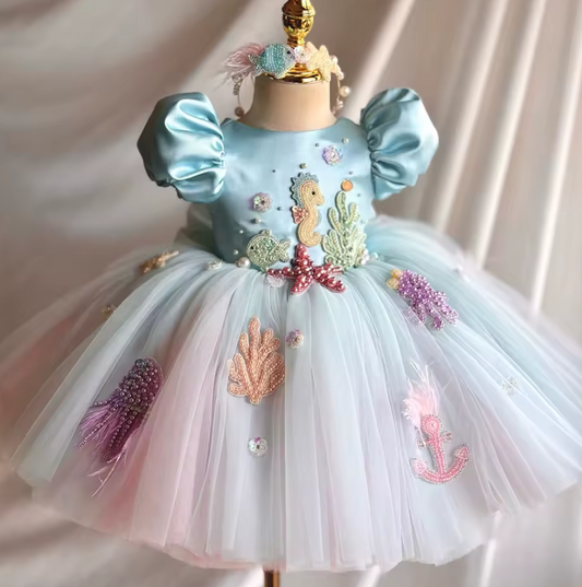 V Desi Girls’ Embroidered Party Dress – Sea Horse & Underwater Theme | Baby Girl Birthday Outfit | Puff Sleeve Princess Dress | Summer Birthday Outfit