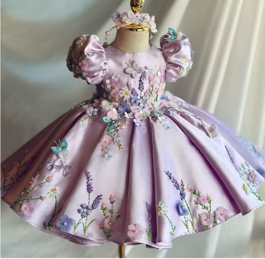 V Desi Purple Silk Girls’ Dress – Floral Embroidered Princess Dress with Custom Name Personalization