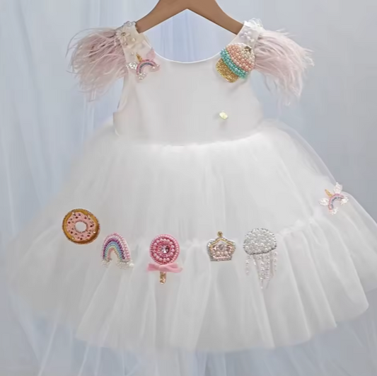 V Desi Baby & Toddler Girls’ cotton candy Dress – Handmade Beaded Appliqué Flower Girl Dress with Feather Sleeves