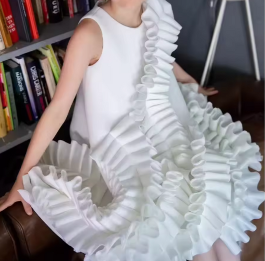 V Desi Mini Chic White Ruffle Satin Dress | Girls Designer Birthday & Party Outfit