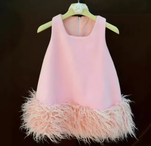 V Desi Mini Chic Pink Sheath Satin Dress with Fur Hem | Designer Girls Party Wear
