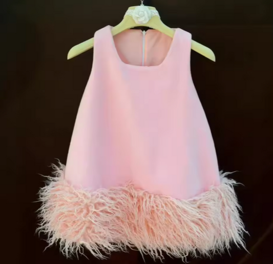 V Desi Mini Chic Pink Sheath Satin Dress with Fur Hem | Designer Girls Party Wear
