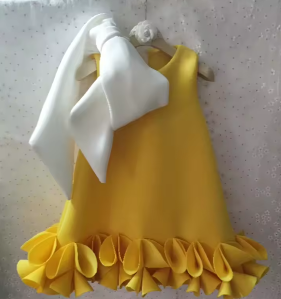 V Desi Mini Chic Sky Blue & Yellow A-Line Dress with Bow | Linen-Cotton Formal Summer Wear for Girls