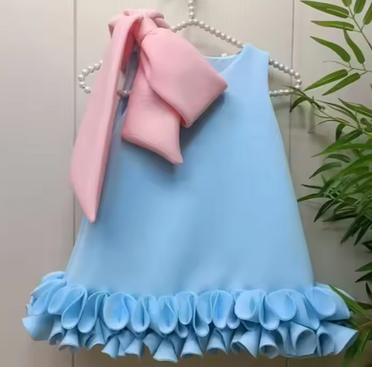 V Desi Mini Chic Sky Blue & Yellow A-Line Dress with Bow | Linen-Cotton Formal Summer Wear for Girls