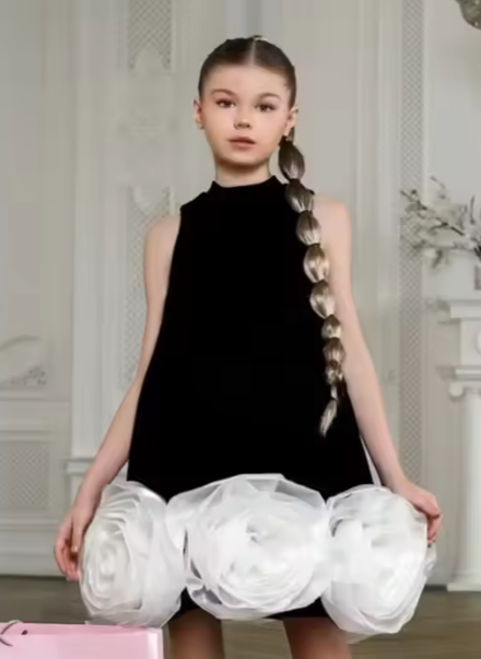 V Desi Mini Chic Black Tent Dress with White Organza Flower Hem | Designer Girls Party Outfit