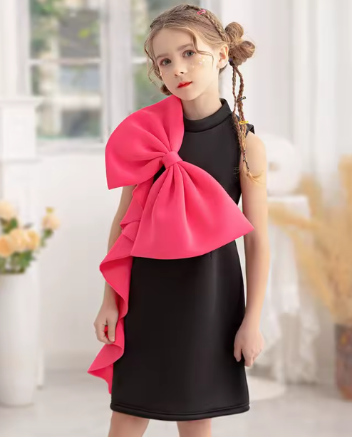 🖤 V Desi Mini Chic Black Sheath Dress – Baby & Toddler Girls Dress with Pink Shoulder Bow