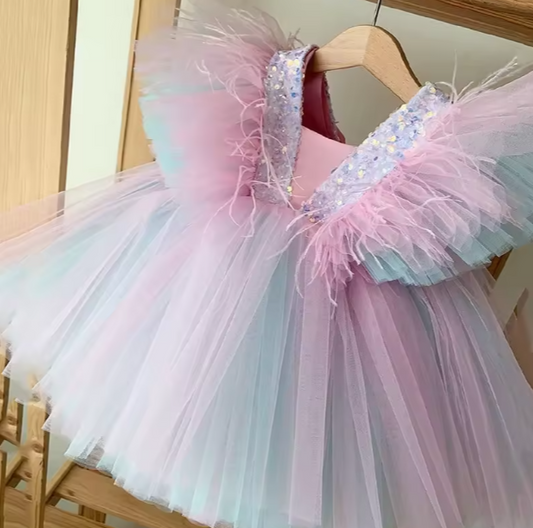 Mini Chic Collection | Pastel Tulle Toddler Frock with Ruffles, Fur & Sequins | V-Neck Party Dress with Cap Sleeves