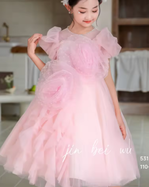 V Desi Vogue Tulle Flower & Ribbon Dress | Mid-Calf Puff Sleeve Party Gown for Girls in Pink, Sky Blue, White & Purple