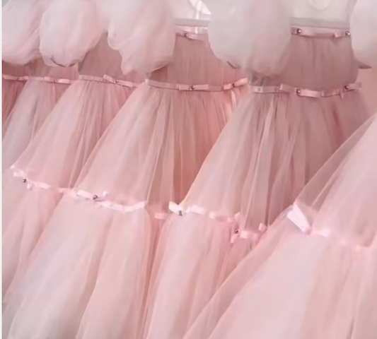 V Desi Vogue Pink Tulle Dress | Square Neck Mid-Calf Party Gown with Puff Sleeves & Ribbon Finish