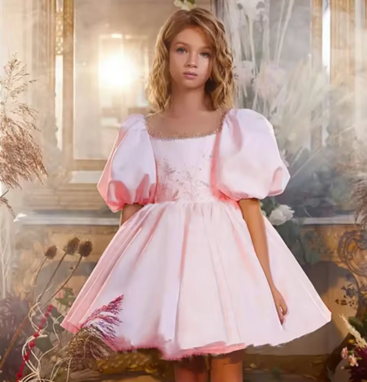 V Desi Vogue Satin & Cotton Ball Gown | Scoop Neck Knee-Length Dress with Pearls, Lace & Appliqué Detailing