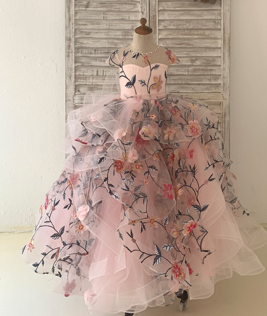 Little Angel Wedding Collection | Off-Shoulder Organza Party Gown with Floral Thread Embroidery for Teen Girls