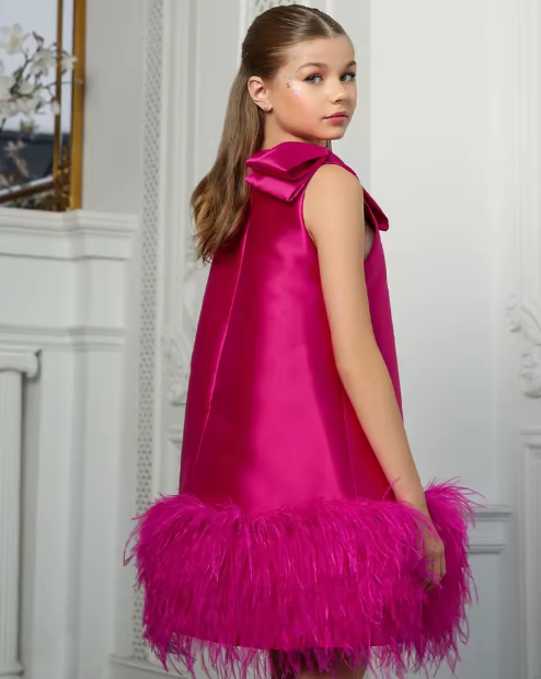 V Desi Vogue Silk Dress with Fur Hem & Shoulder Bow | Sleeveless High-Neck Knee-Length Girls Party Dress