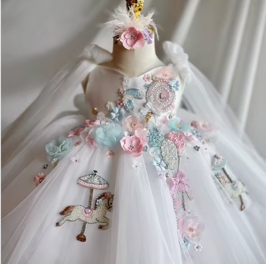 V Desi Girls’ Embroidered Party Dress 2025 – Floral Beaded Carousel Horse Princess Dress for Birthday & Weddings