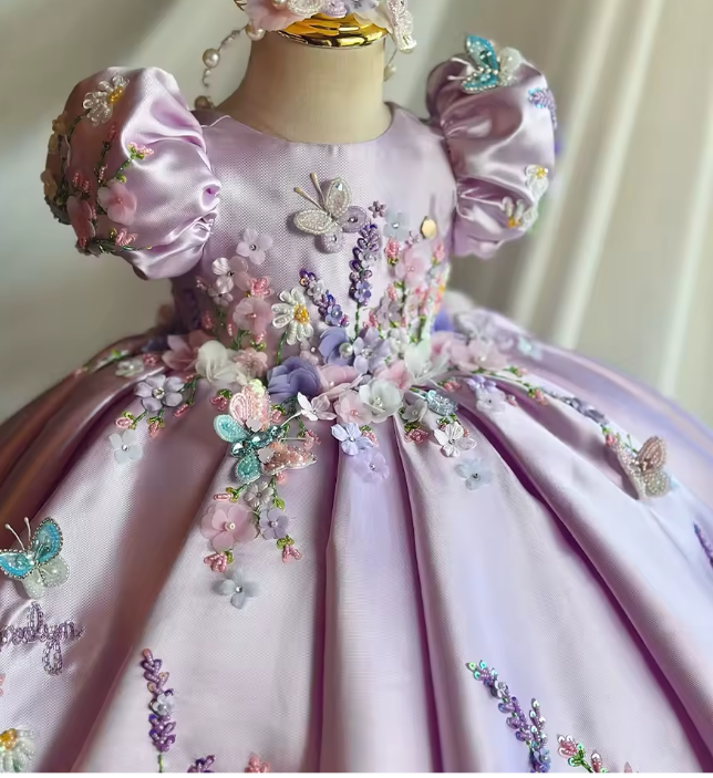 V Desi Purple Silk Girls’ Dress – Floral Embroidered Princess Dress with Custom Name Personalization