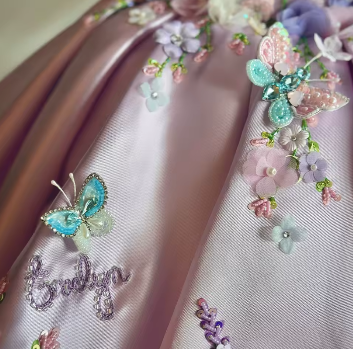 V Desi Purple Silk Girls’ Dress – Floral Embroidered Princess Dress with Custom Name Personalization
