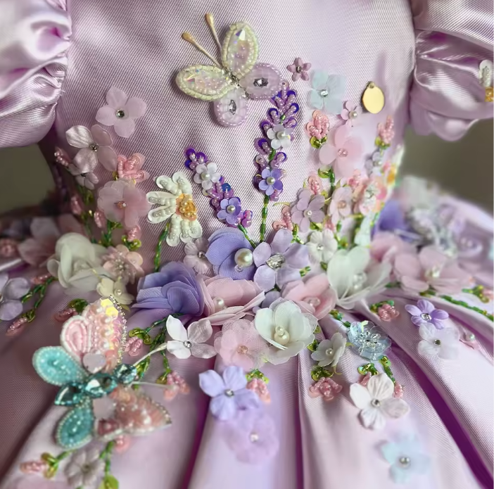 V Desi Purple Silk Girls’ Dress – Floral Embroidered Princess Dress with Custom Name Personalization