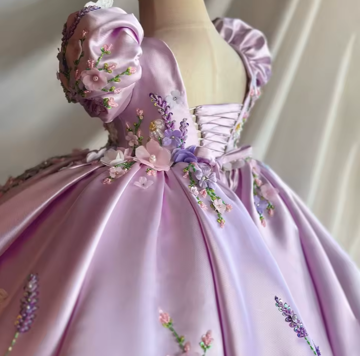 V Desi Purple Silk Girls’ Dress – Floral Embroidered Princess Dress with Custom Name Personalization