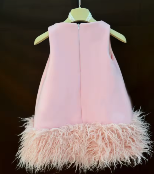 V Desi Mini Chic Pink Sheath Satin Dress with Fur Hem | Designer Girls Party Wear