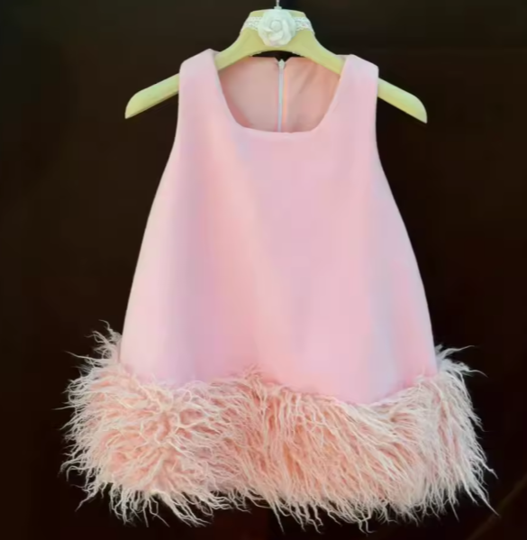V Desi Mini Chic Pink Sheath Satin Dress with Fur Hem | Designer Girls Party Wear
