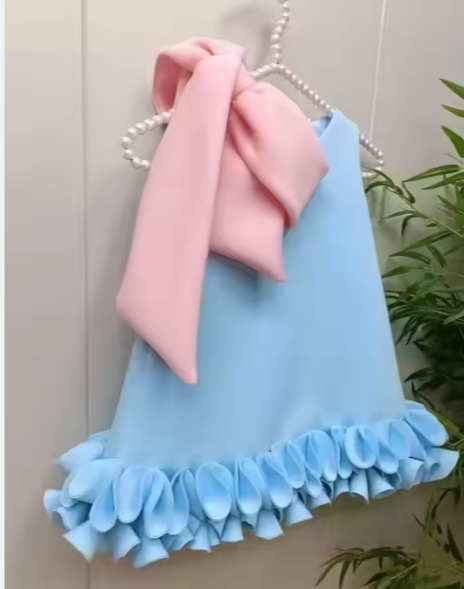 V Desi Mini Chic Sky Blue & Yellow A-Line Dress with Bow | Linen-Cotton Formal Summer Wear for Girls